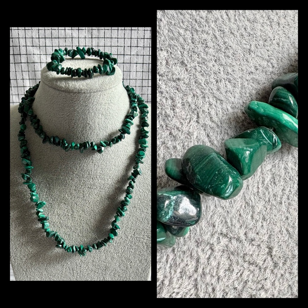 Green Malachite Stone Necklace and Stretch Bracelet Set